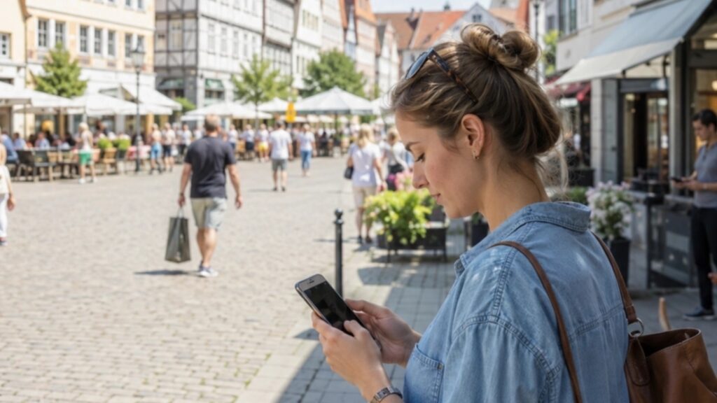Frau im Jeanshemd benutzt ein Smartphone auf einem belebten Stadtplatz mit Cafés und Passanten im Hintergrund.