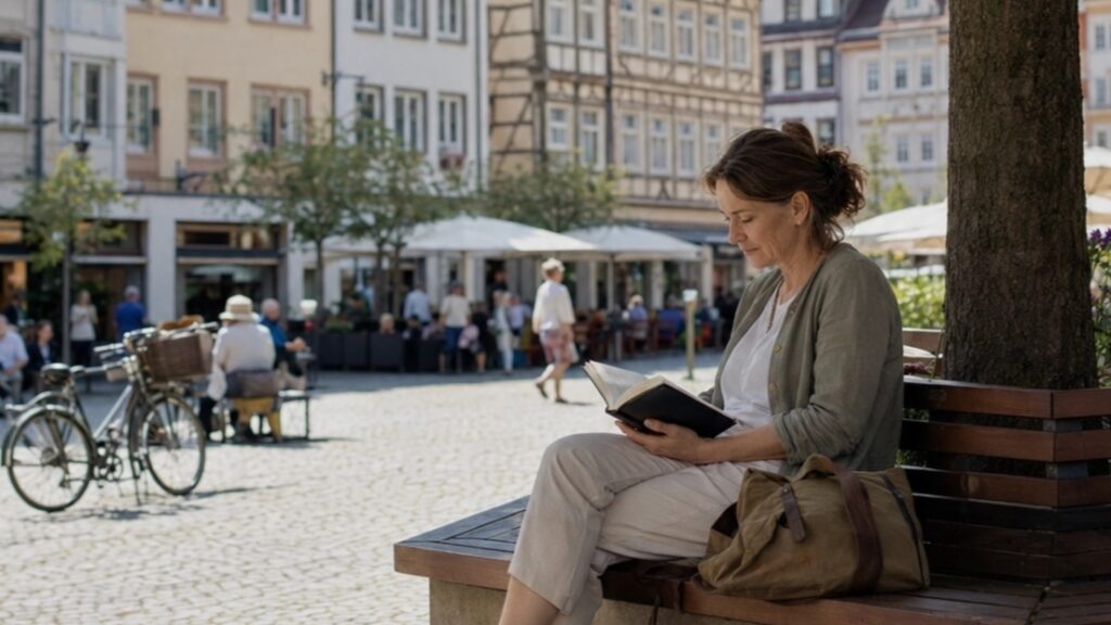 Frau mittleren Alters sitzt auf einer Parkbank in einem Stadtplatz und liest ein Buch, neben ihr eine Tasche; im Hintergrund Cafés, Fahrräder und Passanten.