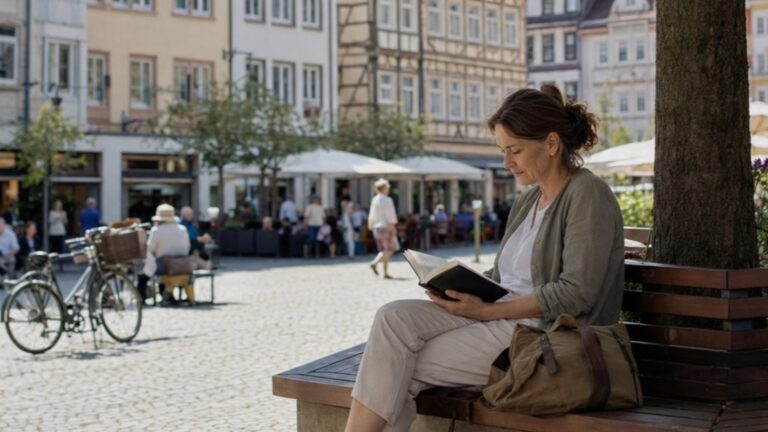 Frau mittleren Alters sitzt auf einer Parkbank in einem Stadtplatz und liest ein Buch, neben ihr eine Tasche; im Hintergrund Cafés, Fahrräder und Passanten.